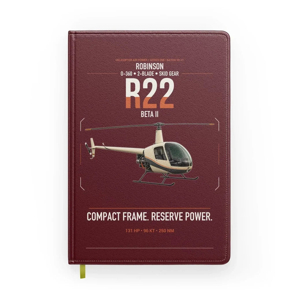 Robinson R22 Beta II design on dark red notebook