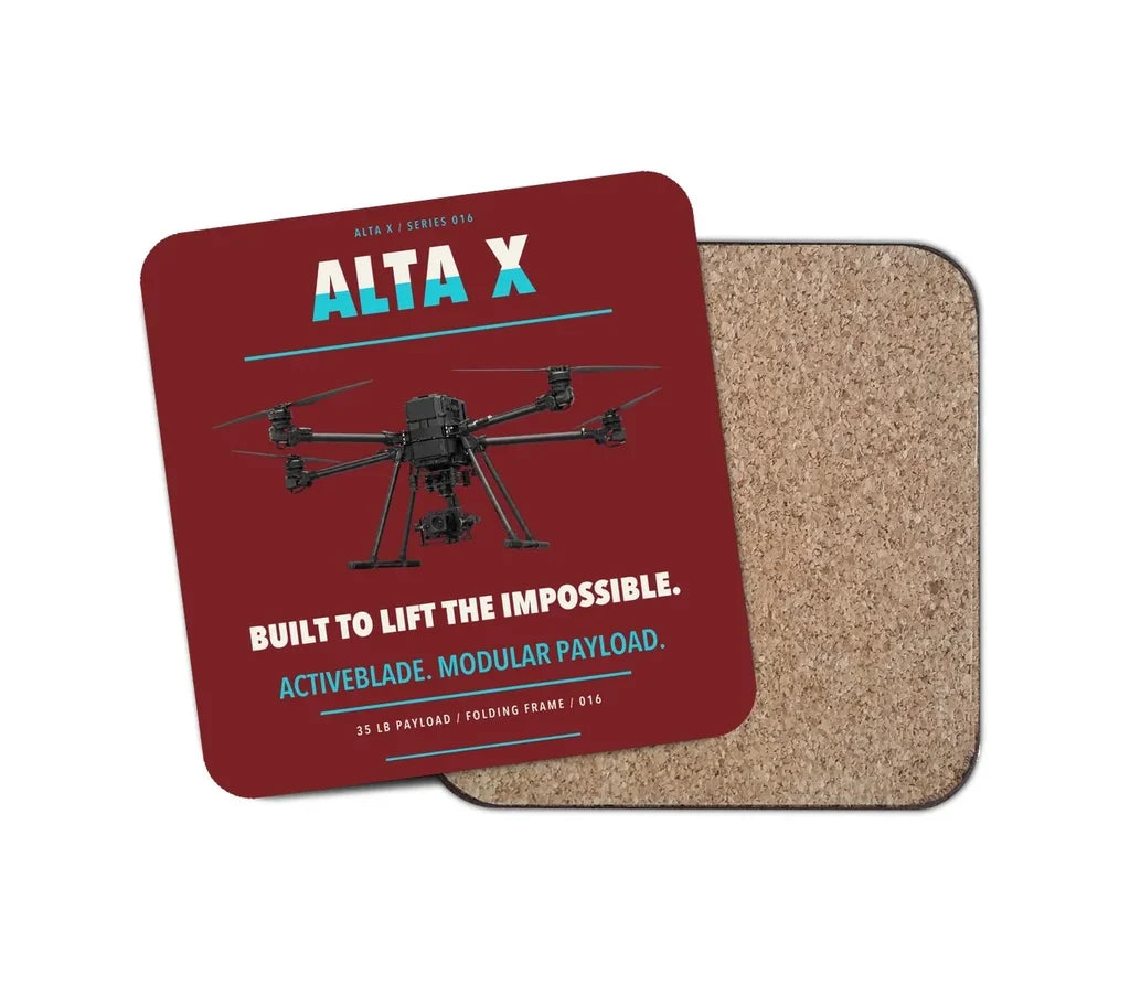 Freefly Alta X design on dark red 1 piece coaster
