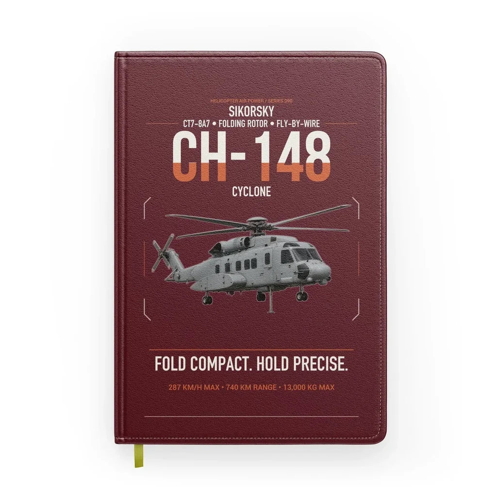 Sikorsky CH-148 Cyclone design on dark red notebook