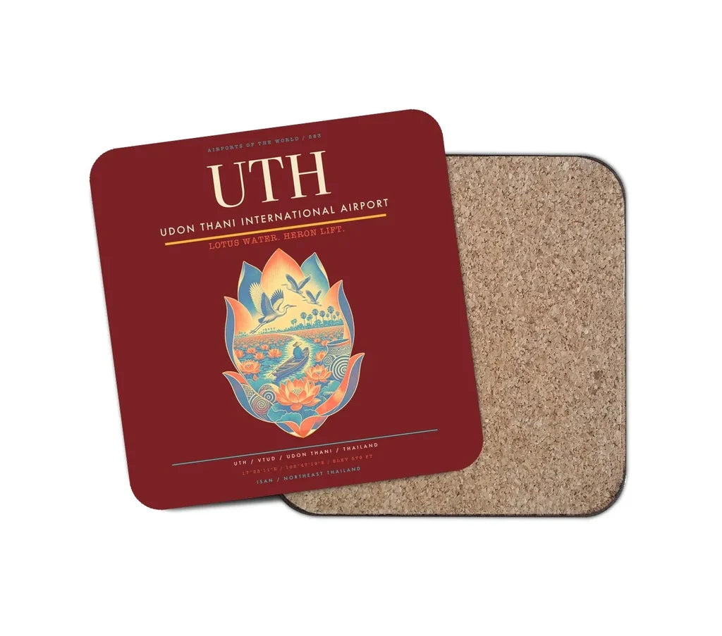 Udon Thani International Airport (UTH) design on dark red 1 piece coaster