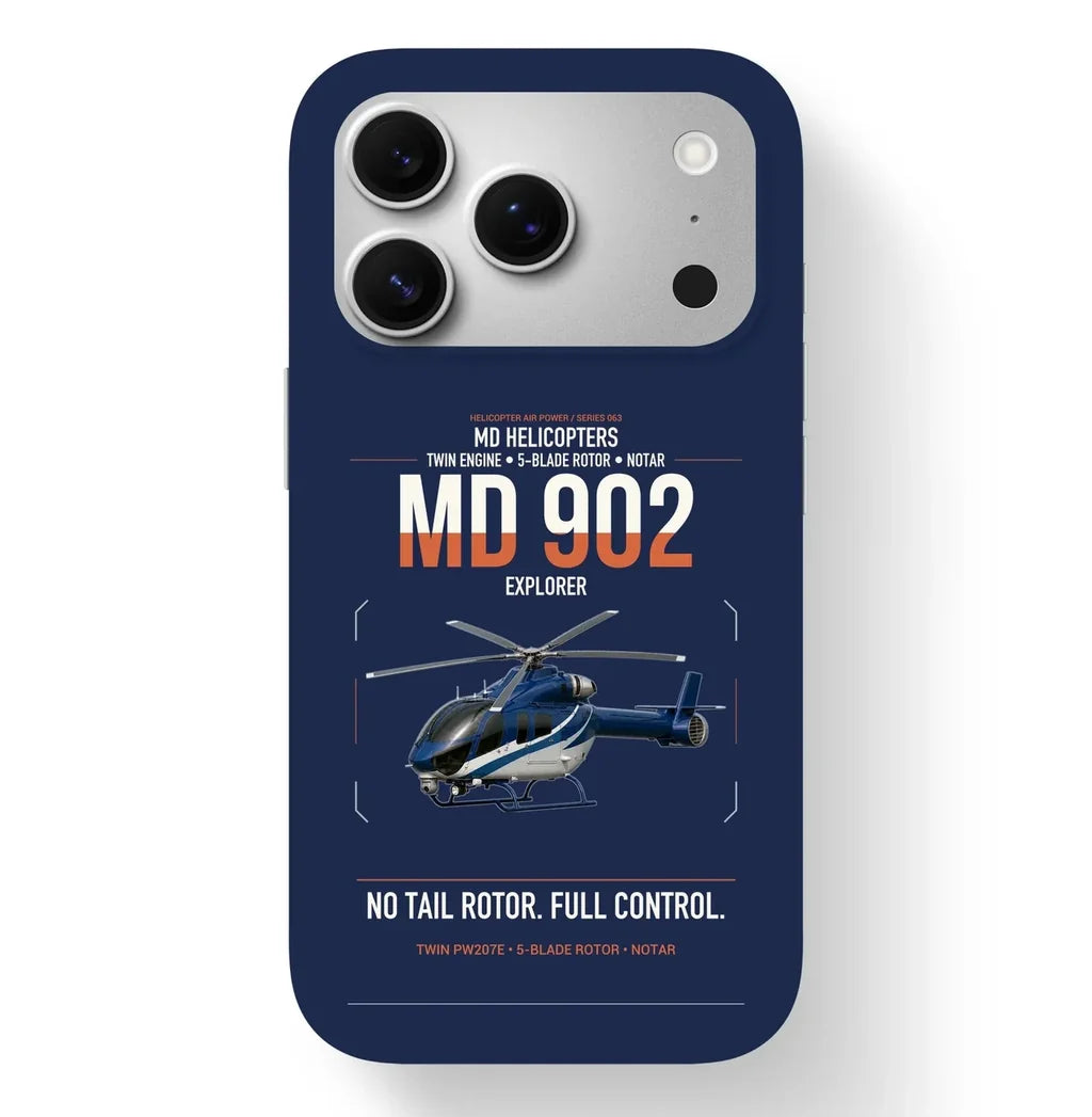 MD Helicopters MD 902 Explorer design on navy blue magsafe iphone case, for iPhone 17 Pro