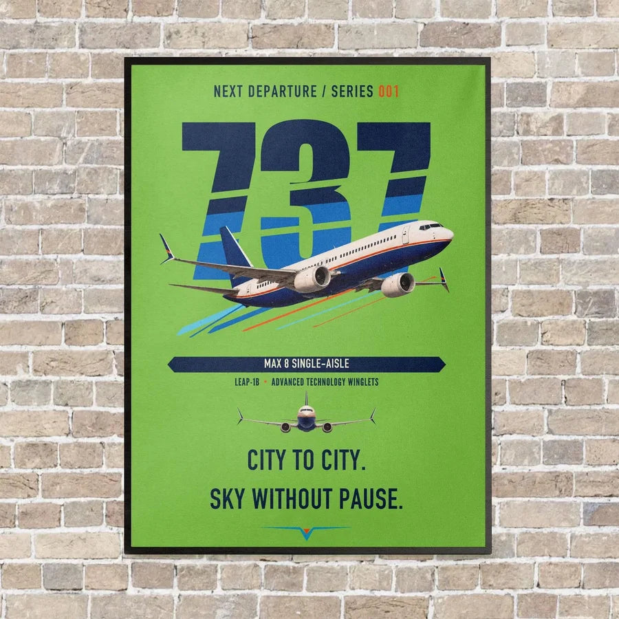 Boeing 737 MAX 8 vertical canvas print - framed - light green background