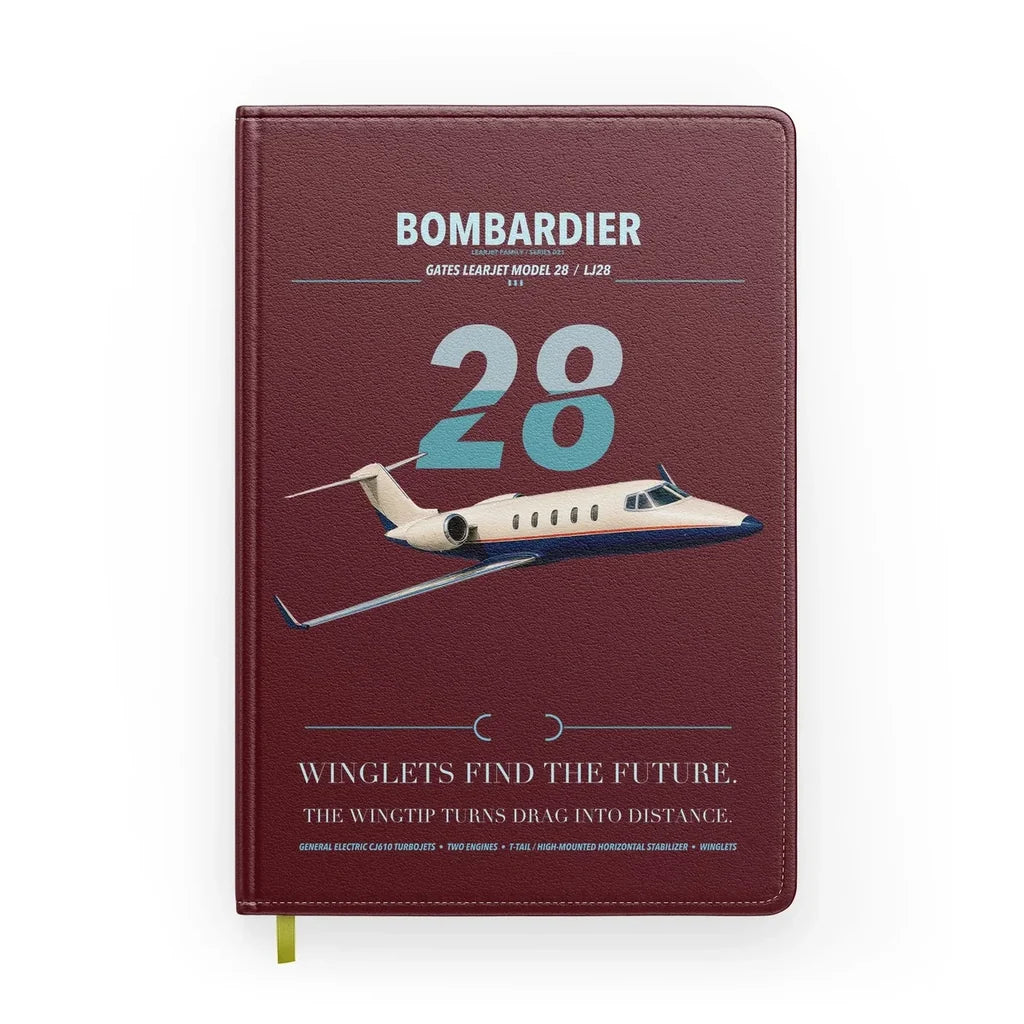 Bombardier Learjet 28 design on dark red notebook