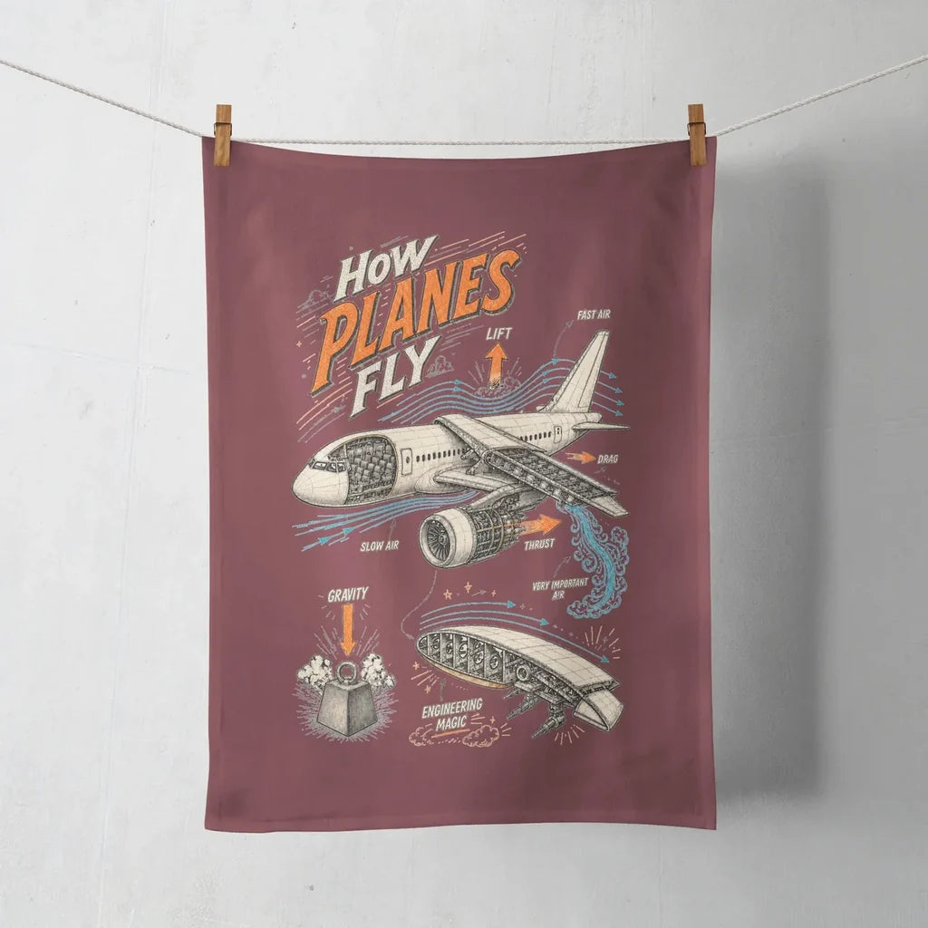 How Planes Fly V2 design on dark red towel
