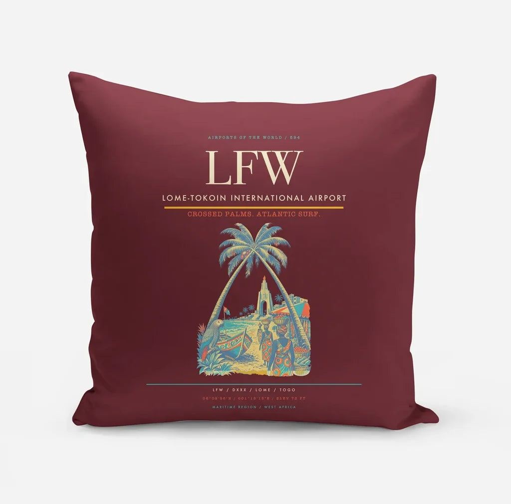Lome-Tokoin International Airport (LFW) design on dark red pillow