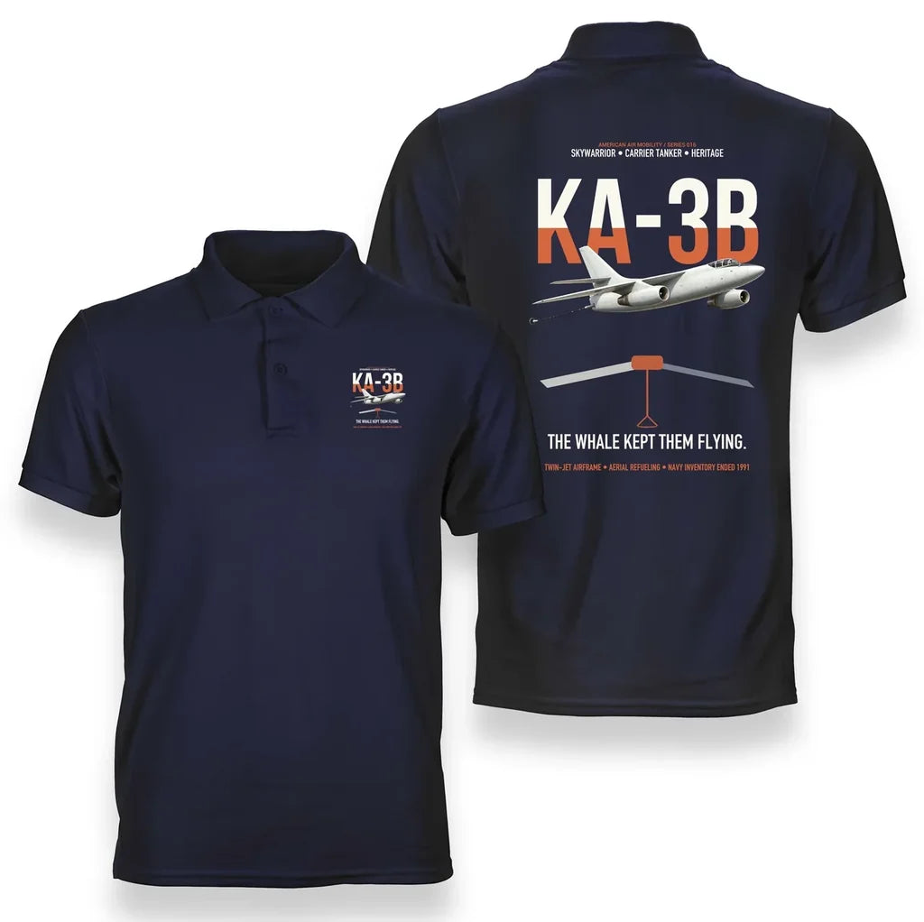 KA-3B Skywarrior design on navy blue double-side polo t-shirt, double-side print