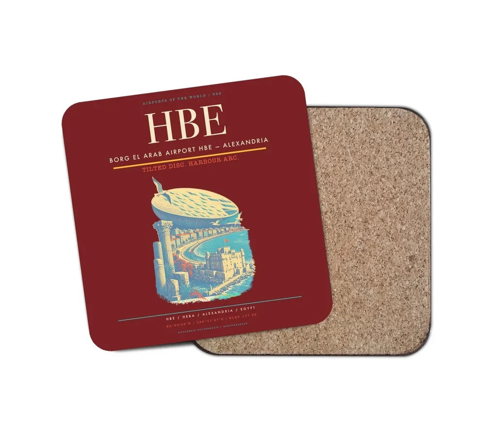 Borg El Arab Airport (HBE) design on dark red 1 piece coaster