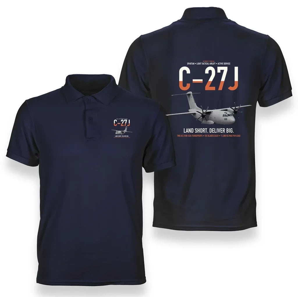 C-27J Spartan design on navy blue double-side polo t-shirt, double-side print