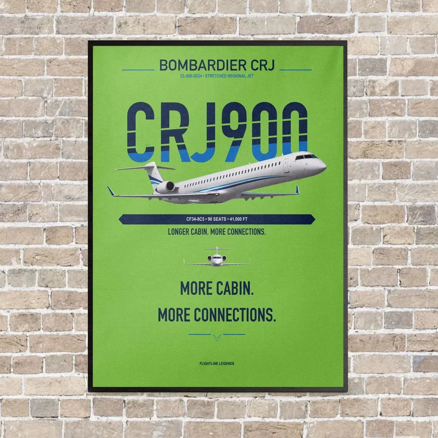 Bombardier CRJ900 vertical canvas print - framed - light green background