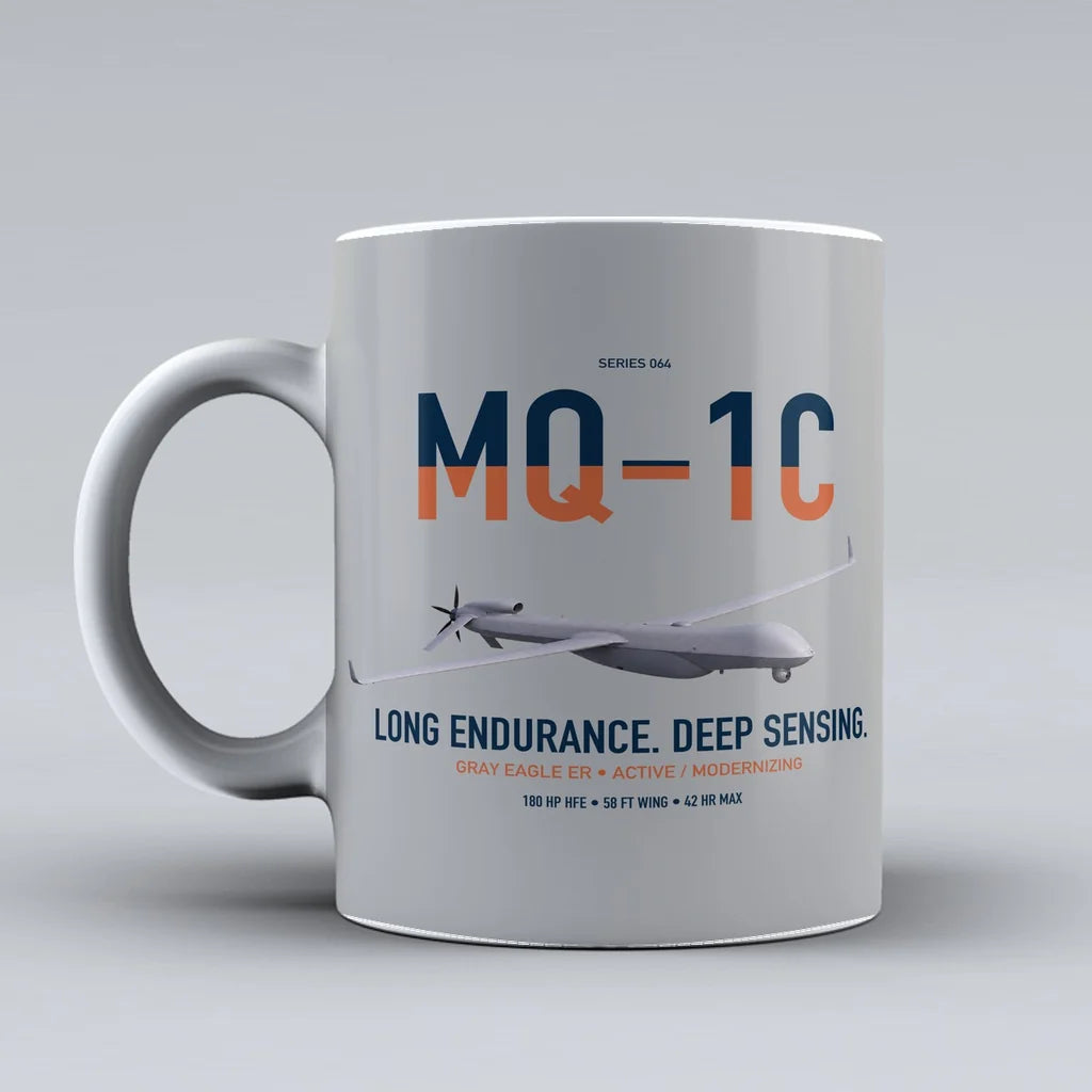 MQ-1C Gray Eagle ER design on light gray ceramic mug, double-side print