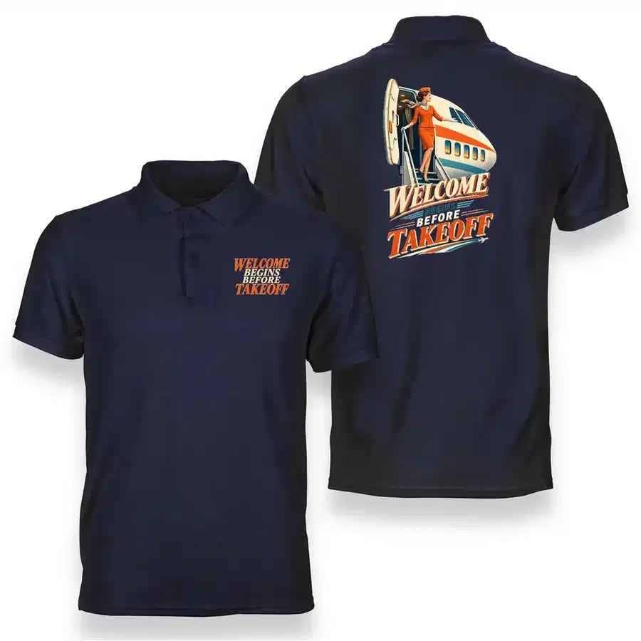 SIGNAL 667 - Welcome Begins Before Takeoff - Double-Side Polo design on navy blue double side polo