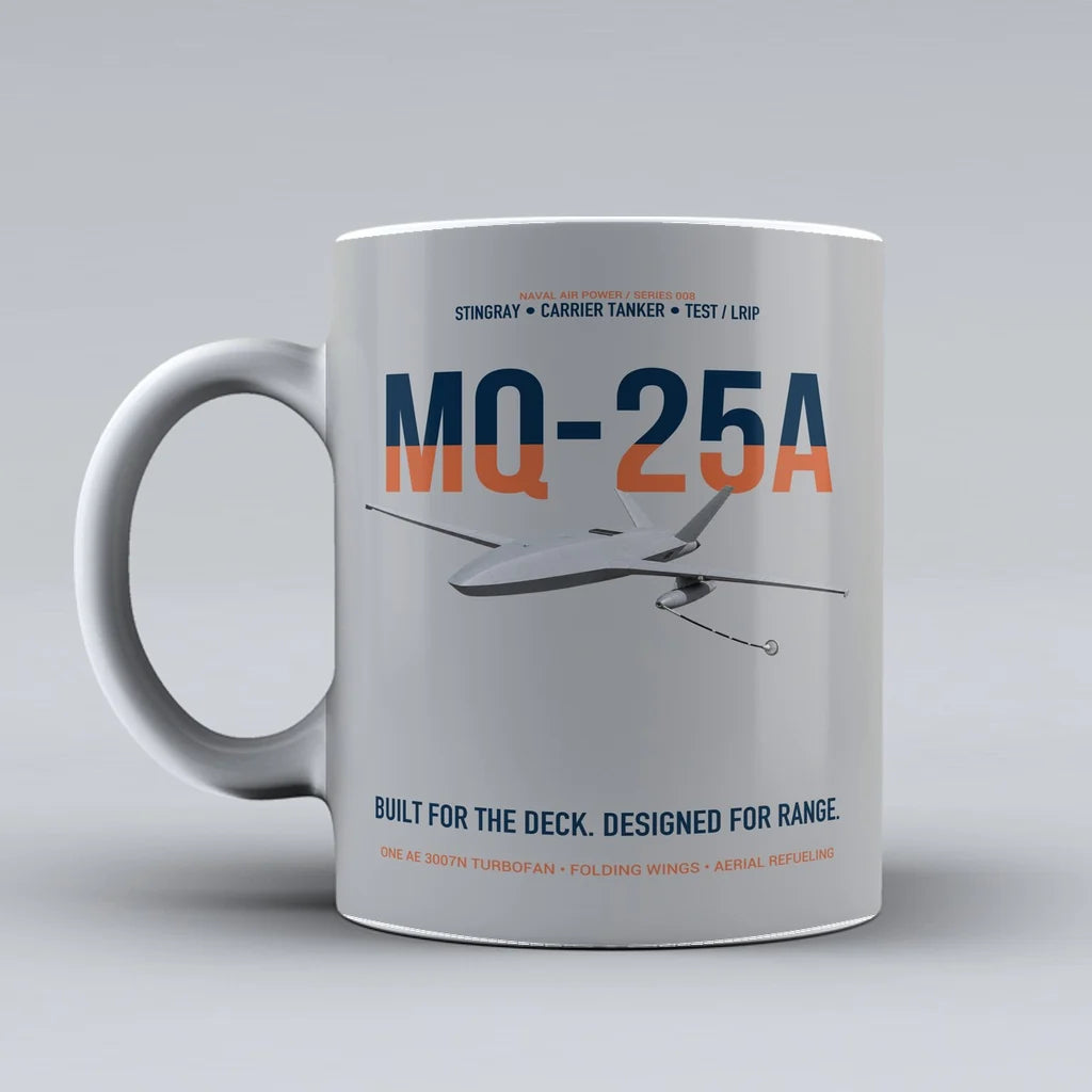 MQ-25A STINGRAY design on light gray ceramic mug, double-side print