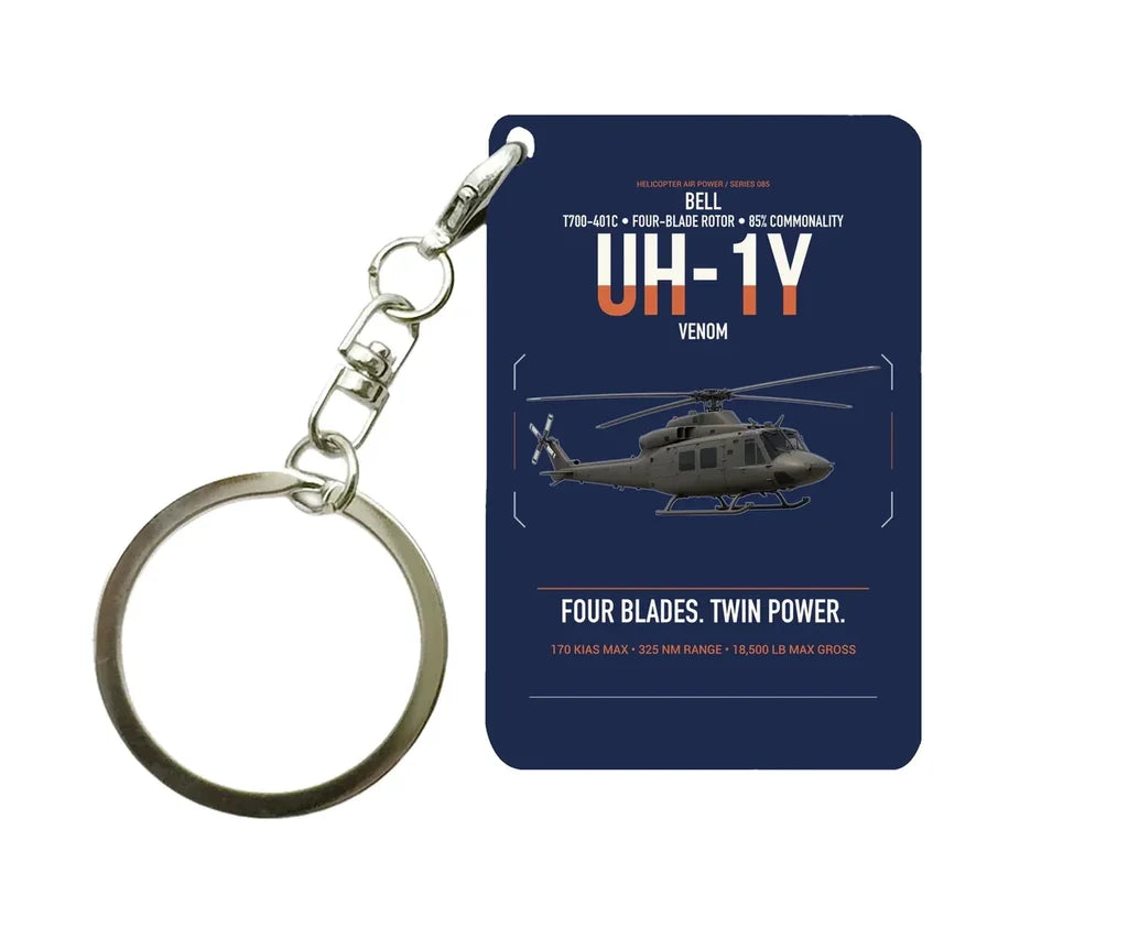 Bell UH-1Y Venom design on navy blue designed key chain, double-side print