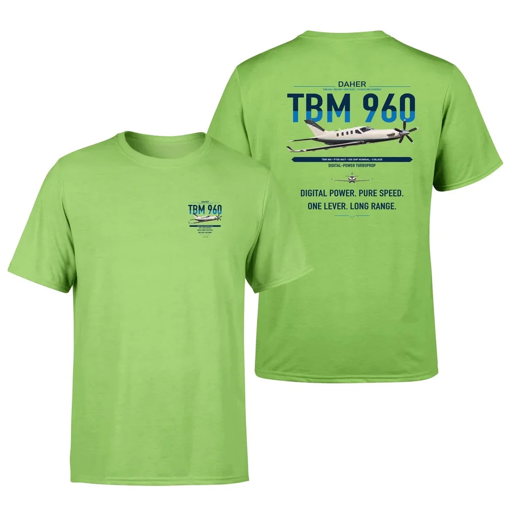 Daher TBM 960 design on light green t-shirt, double-side print