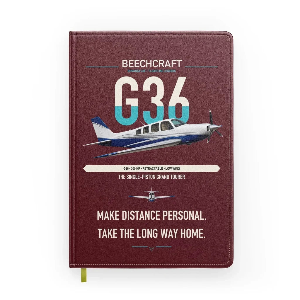 Beechcraft Bonanza G36 design on dark red notebook