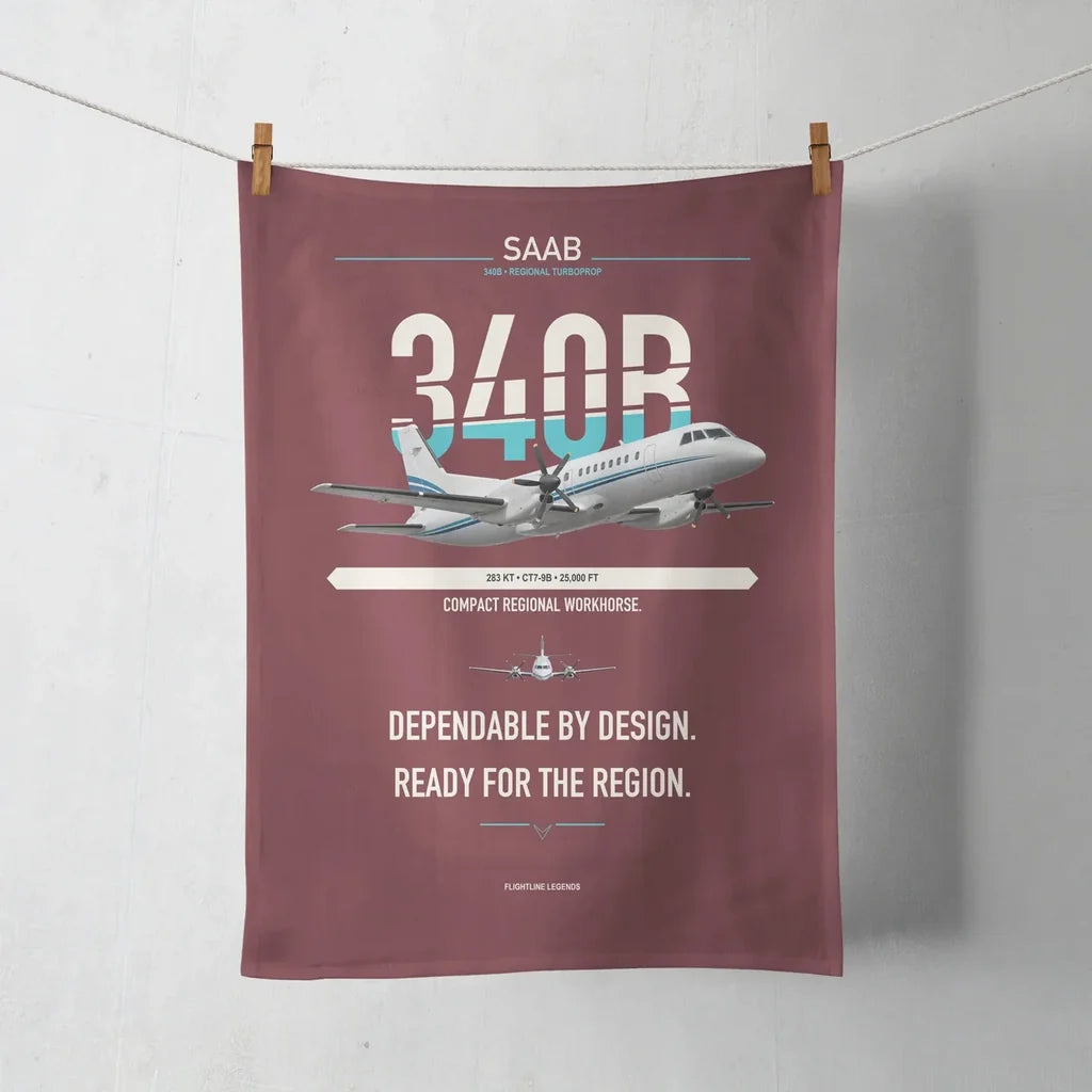 Saab 340B design on dark red towel