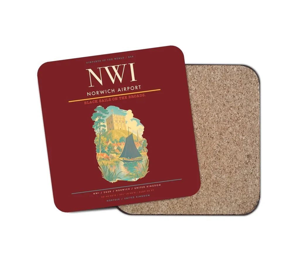 Norwich Airport (NWI) design on dark red 1 piece coaster