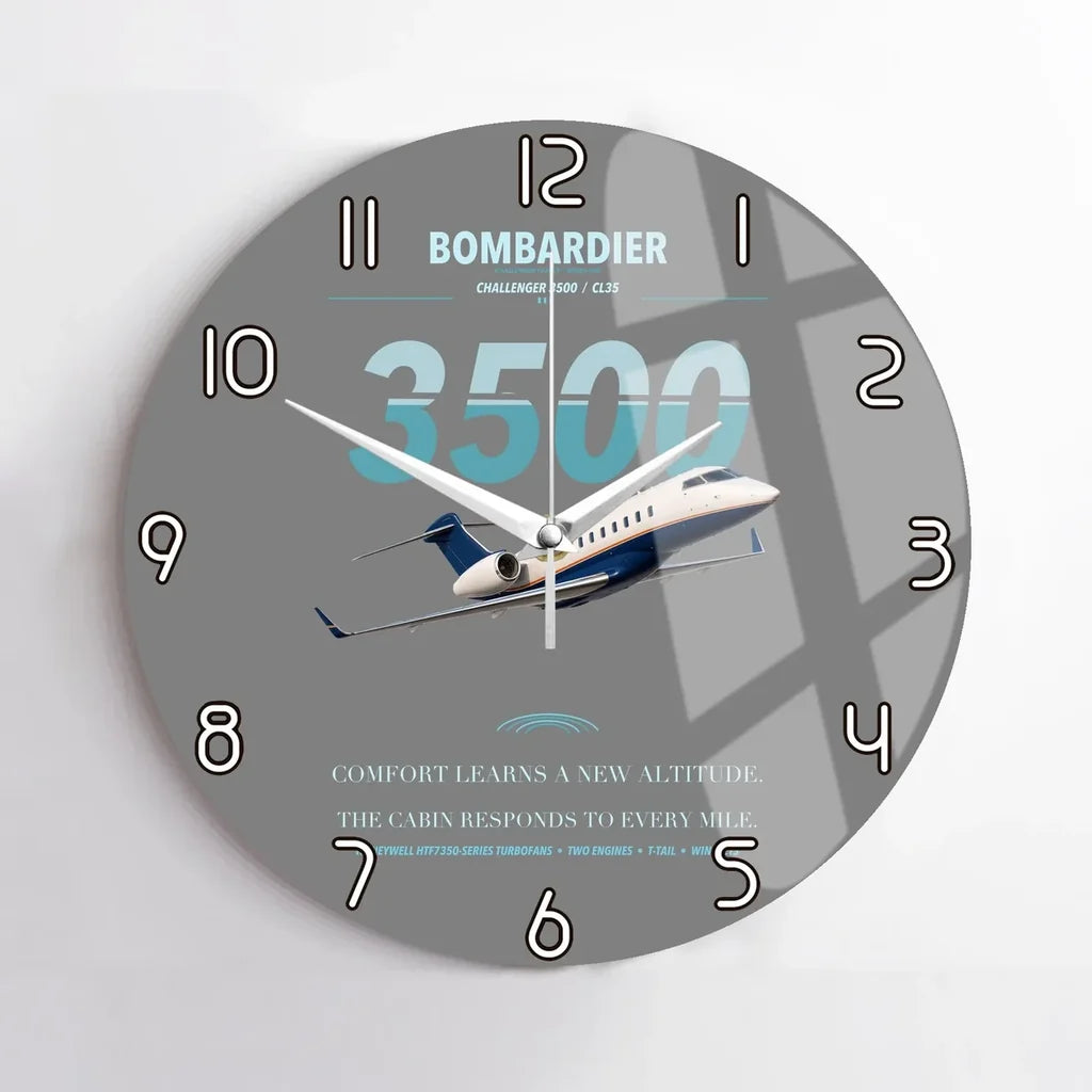 Bombardier Challenger 3500 design on gray no frame wall clock