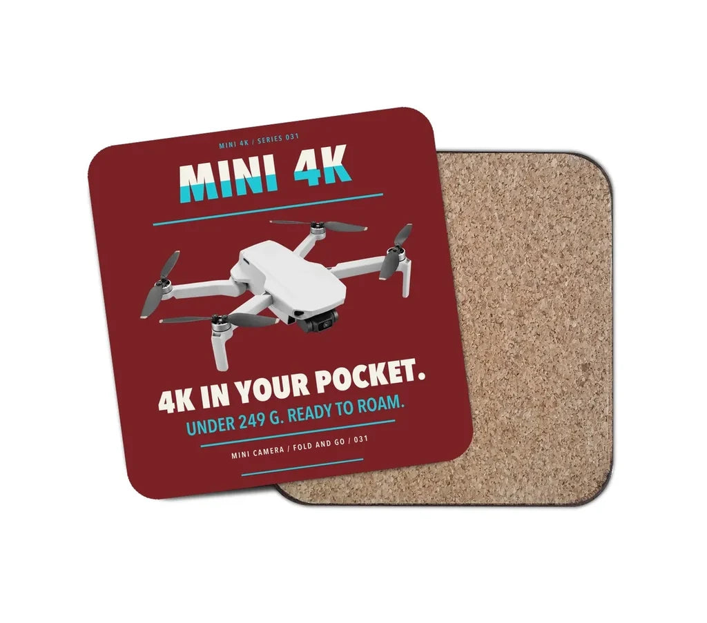 DJI Mini 4K design on dark red 1 piece coaster