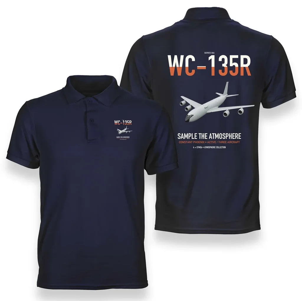 WC-135R Constant Phoenix design on navy blue double-side polo t-shirt, double-side print