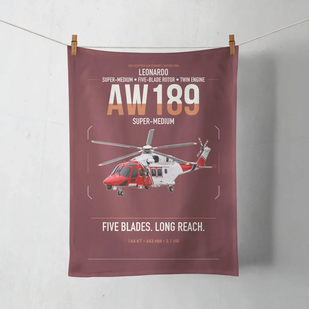Leonardo AW189 design on dark red towel