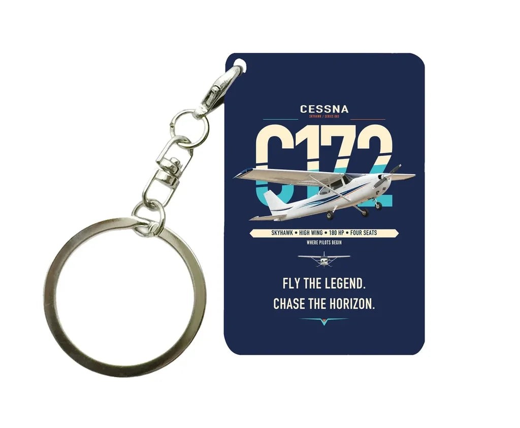 Cessna 172 Skyhawk design on navy blue designed key chain, double-side print