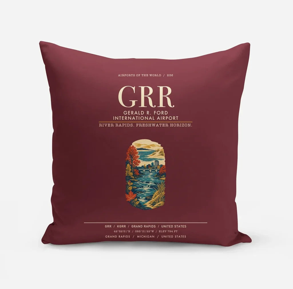 Gerald R. Ford International Airport Grand Rapids (GRR) design on dark red pillow