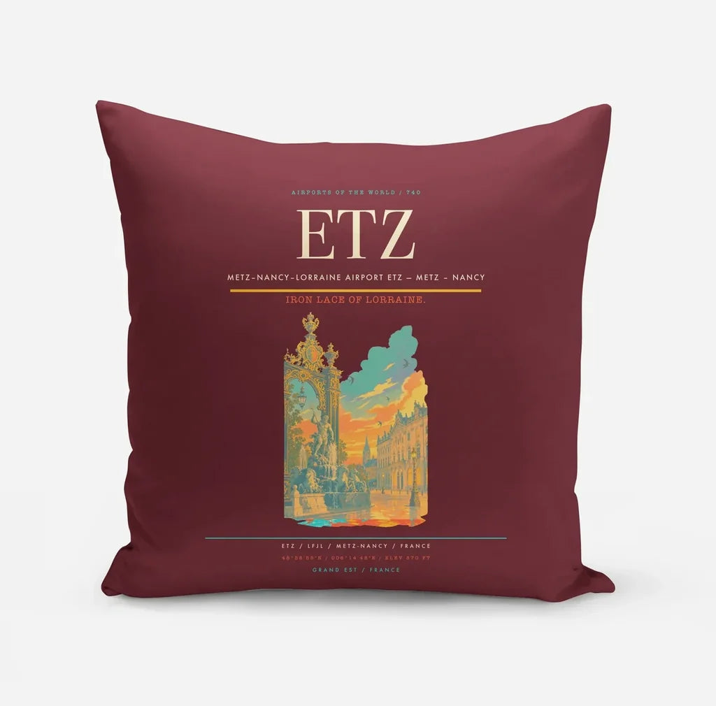 Metz–Nancy–Lorraine Airport (ETZ) design on dark red pillow