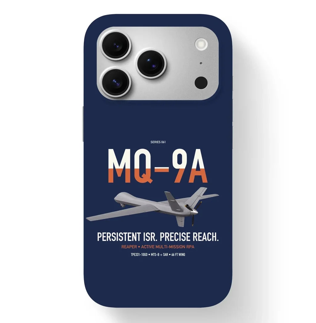 MQ-9A Reaper design on navy blue magsafe iphone case, for iPhone 17 Pro