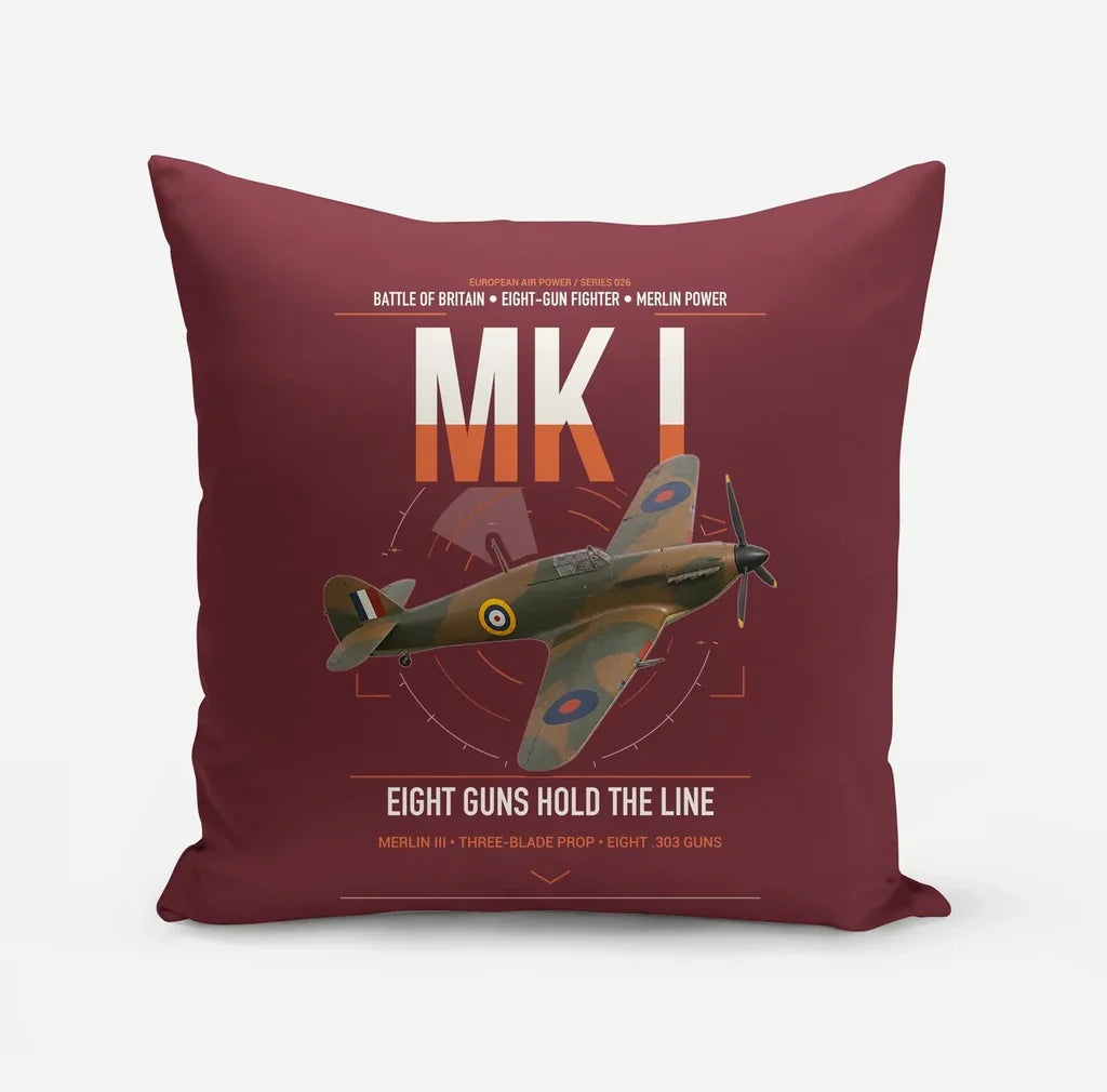 Hawker Hurricane Mk I design on dark red pillow