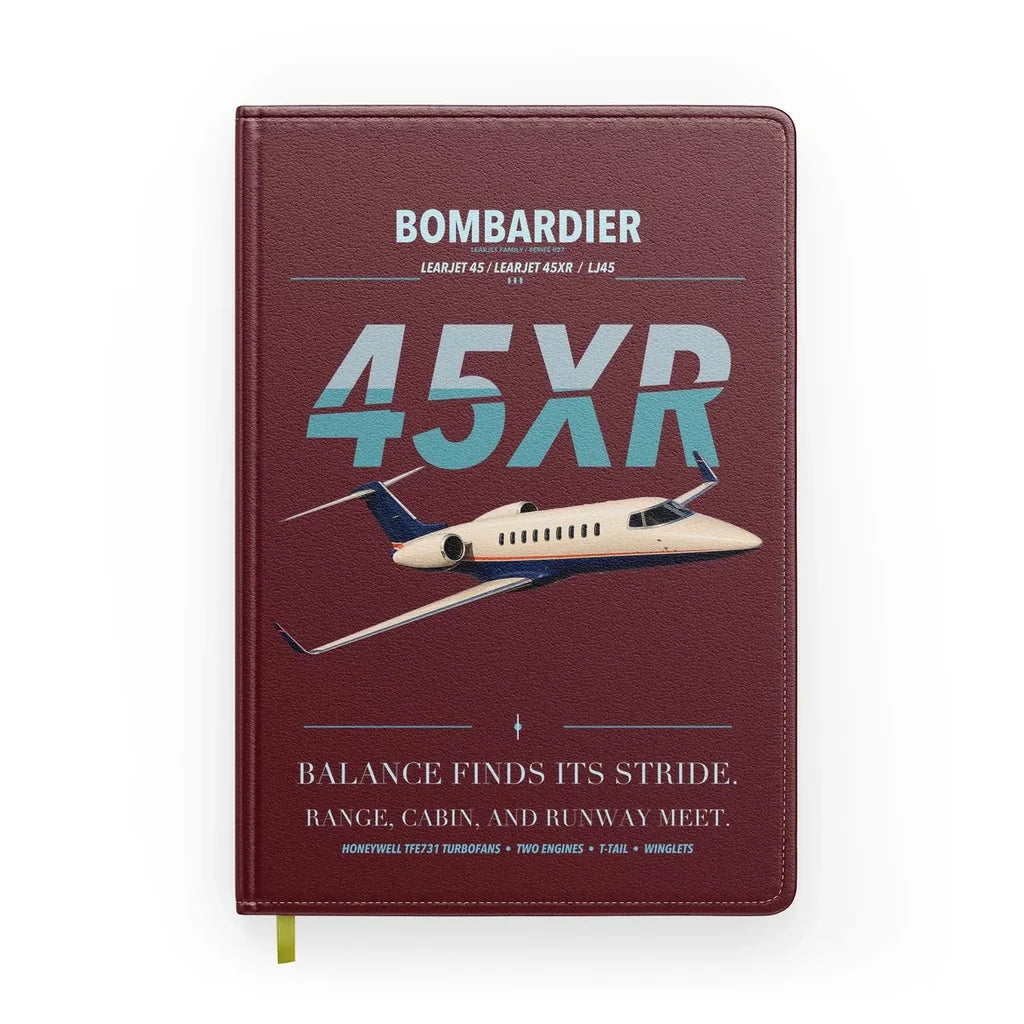 Bombardier Learjet 45XR design on dark red notebook