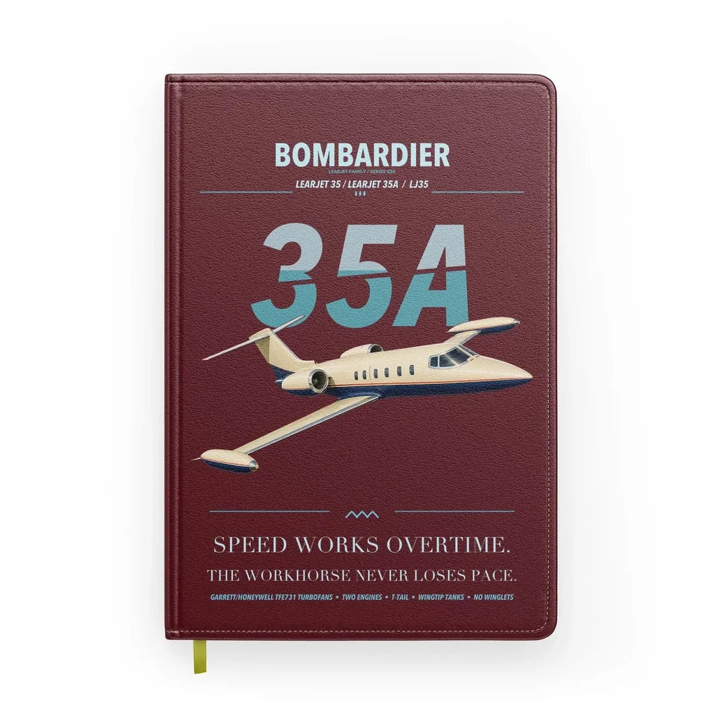Bombardier Learjet 35A design on dark red notebook