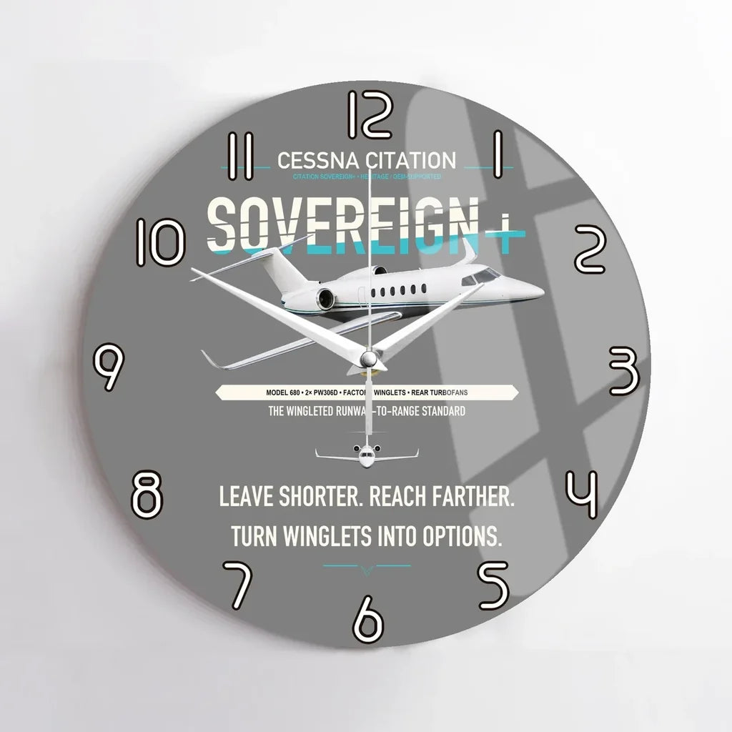 Cessna Citation Sovereign+ design on gray no frame wall clock