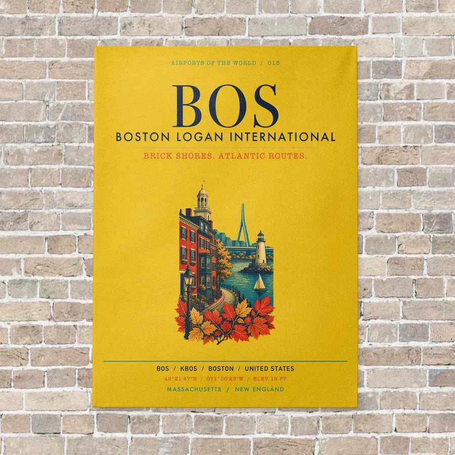 Boston Logan International Airport BOS vertical canvas print - no frame - yellow background