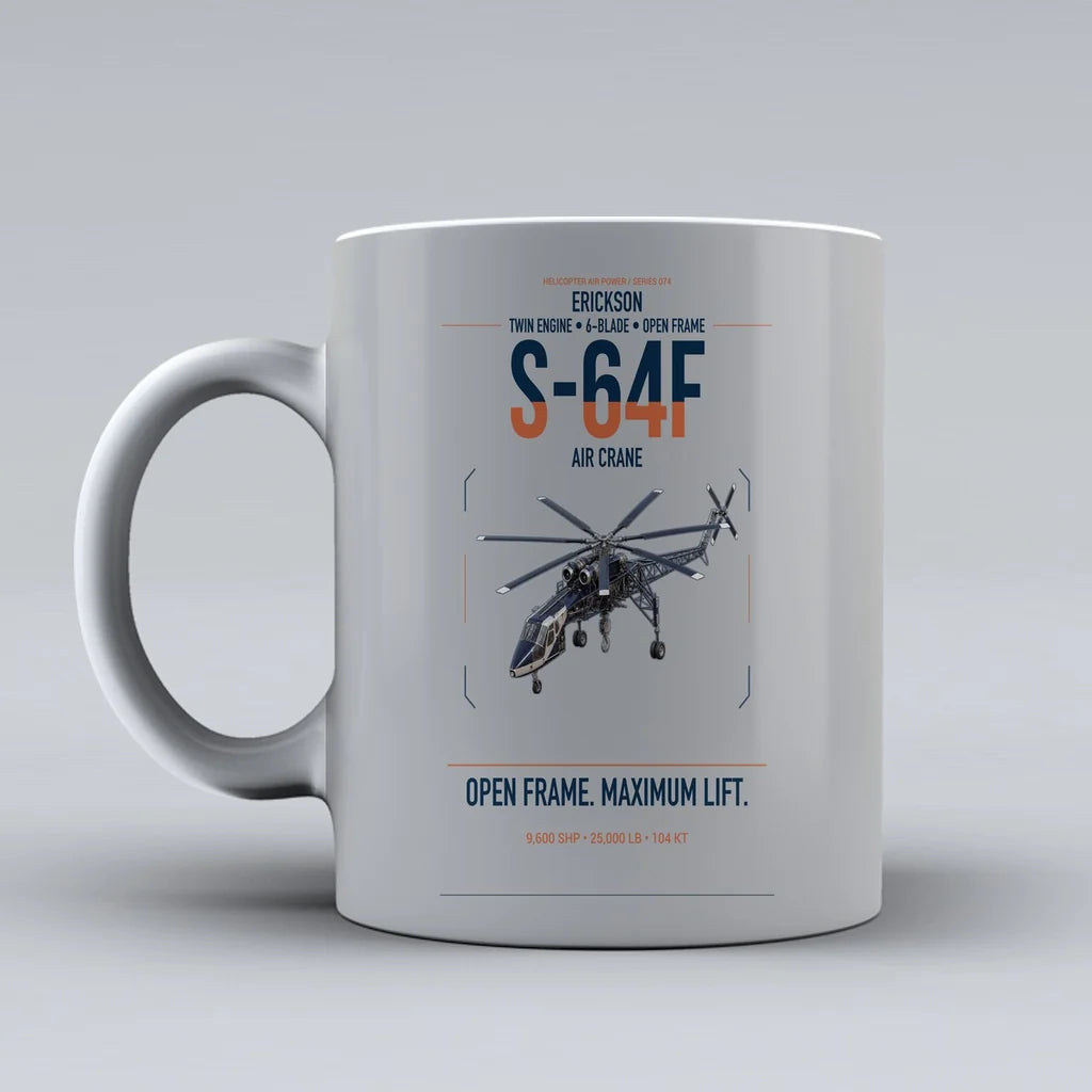 Erickson S-64F Air Crane design on light gray ceramic mug, double-side print