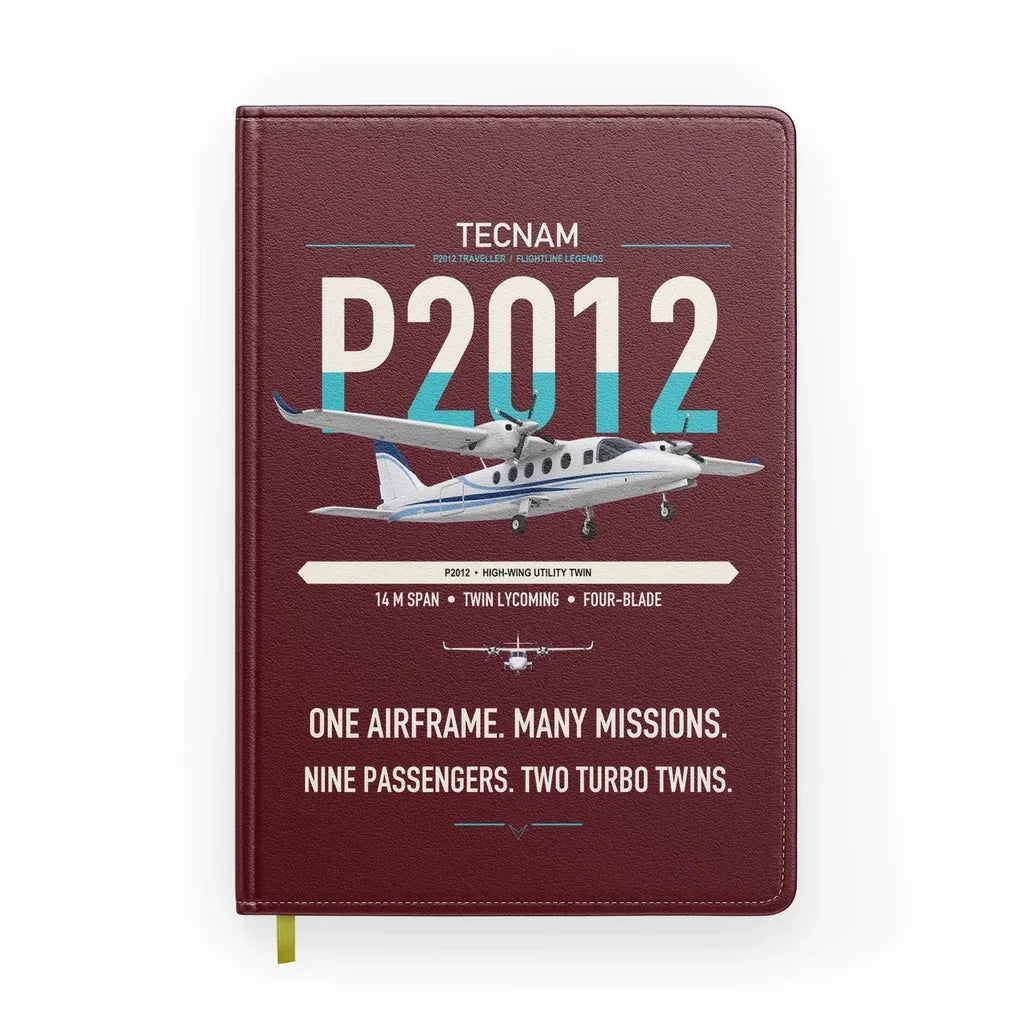 Tecnam P2012 Traveller design on dark red notebook