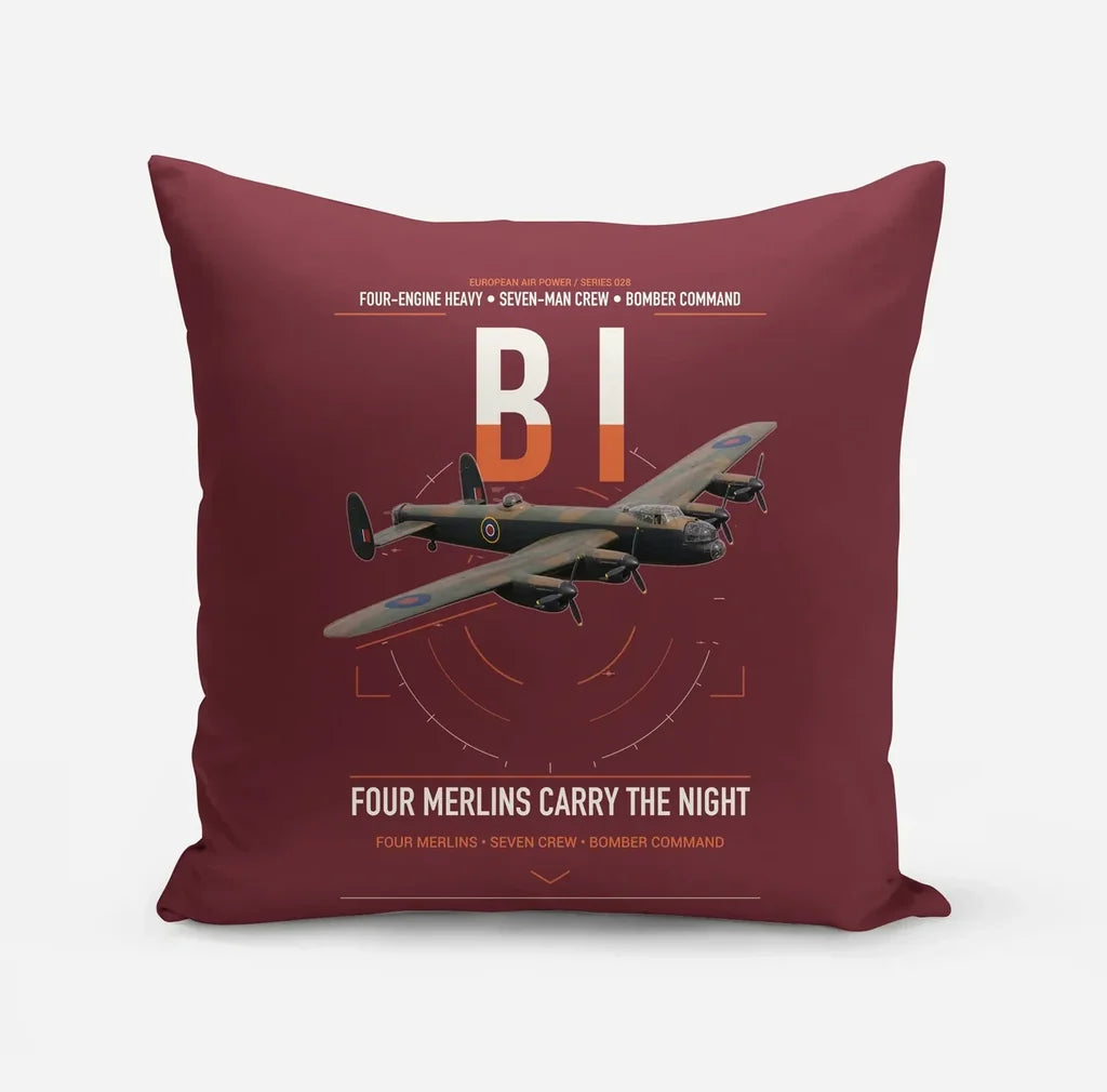 Avro Lancaster B I design on dark red pillow