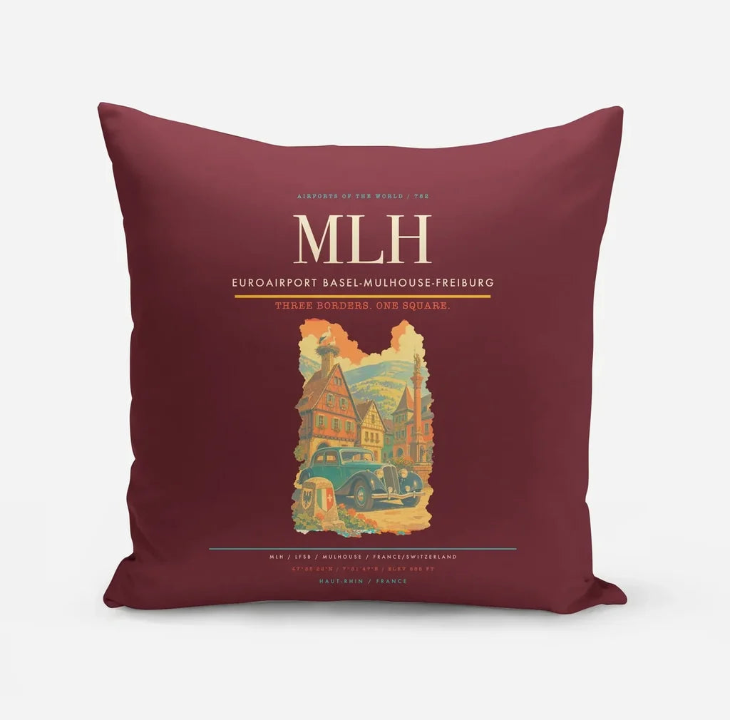 EuroAirport Basel-Mulhouse-Freiburg (MLH) design on dark red pillow
