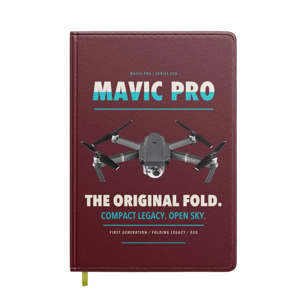 DJI Mavic Pro design on dark red notebook