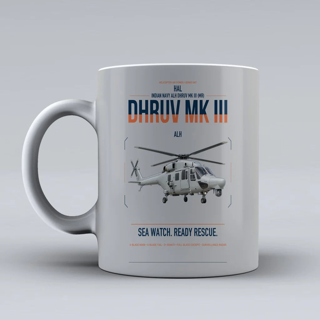 HAL ALH Dhruv Mk III design on light gray ceramic mug, double-side print