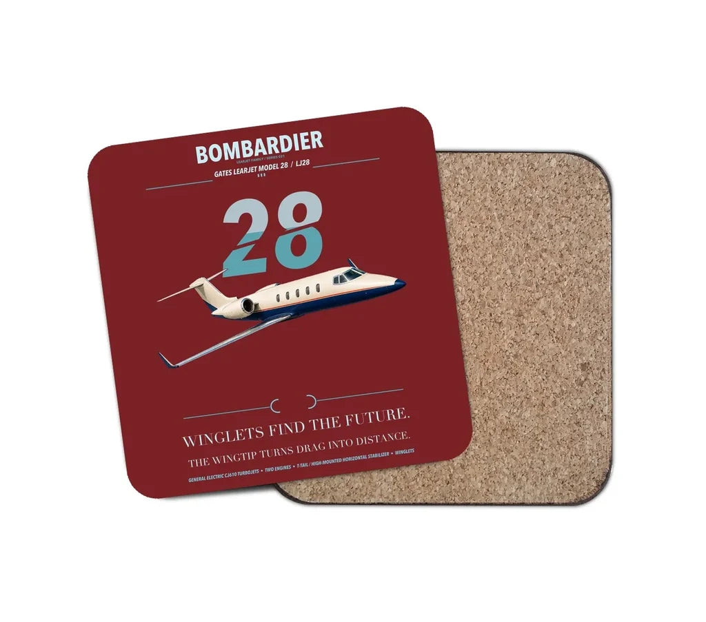 Bombardier Learjet 28 design on dark red 1 piece coaster