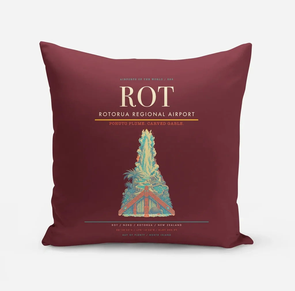 Rotorua Regional Airport (ROT) design on dark red pillow