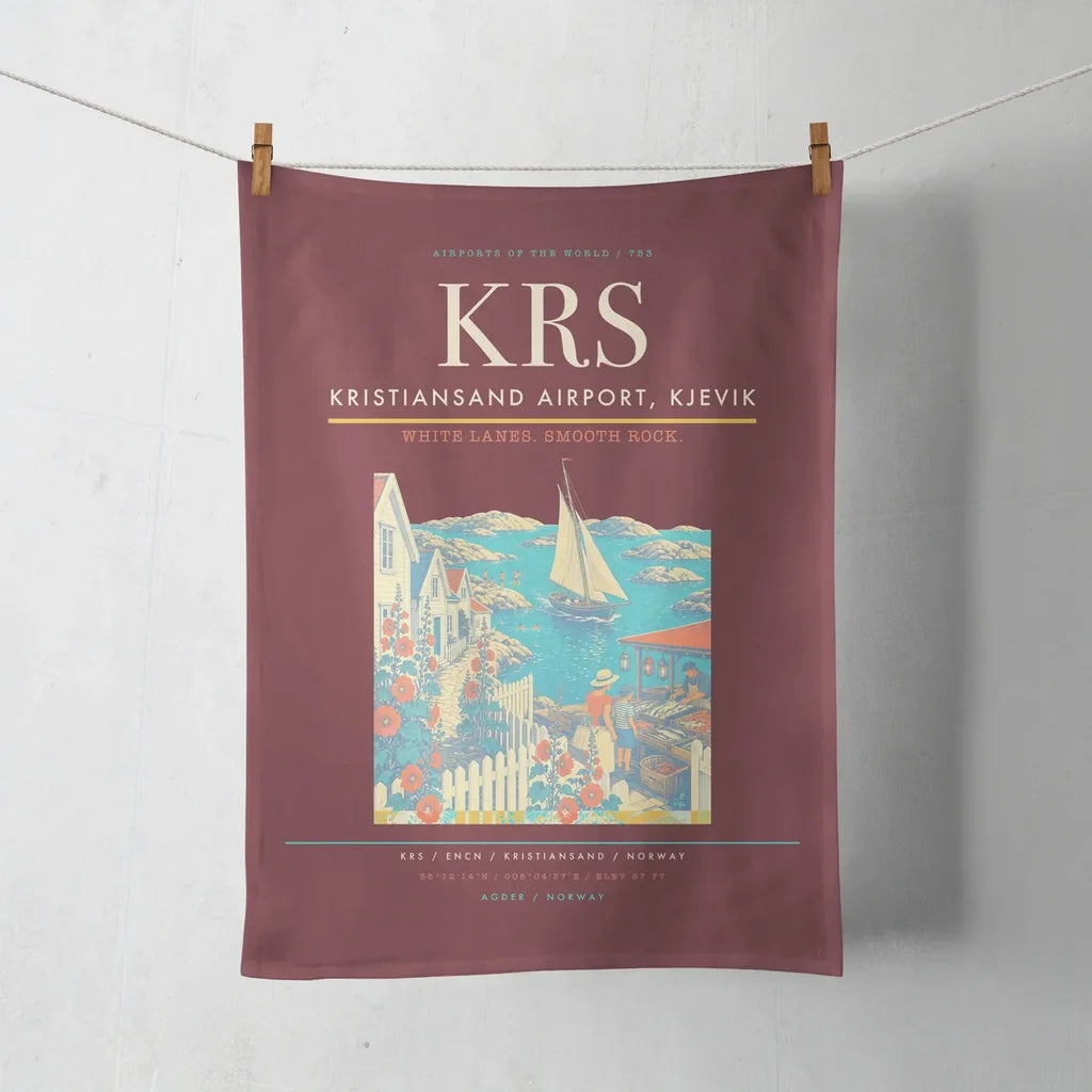 Kristiansand Airport, Kjevik (KRS) design on dark red towel