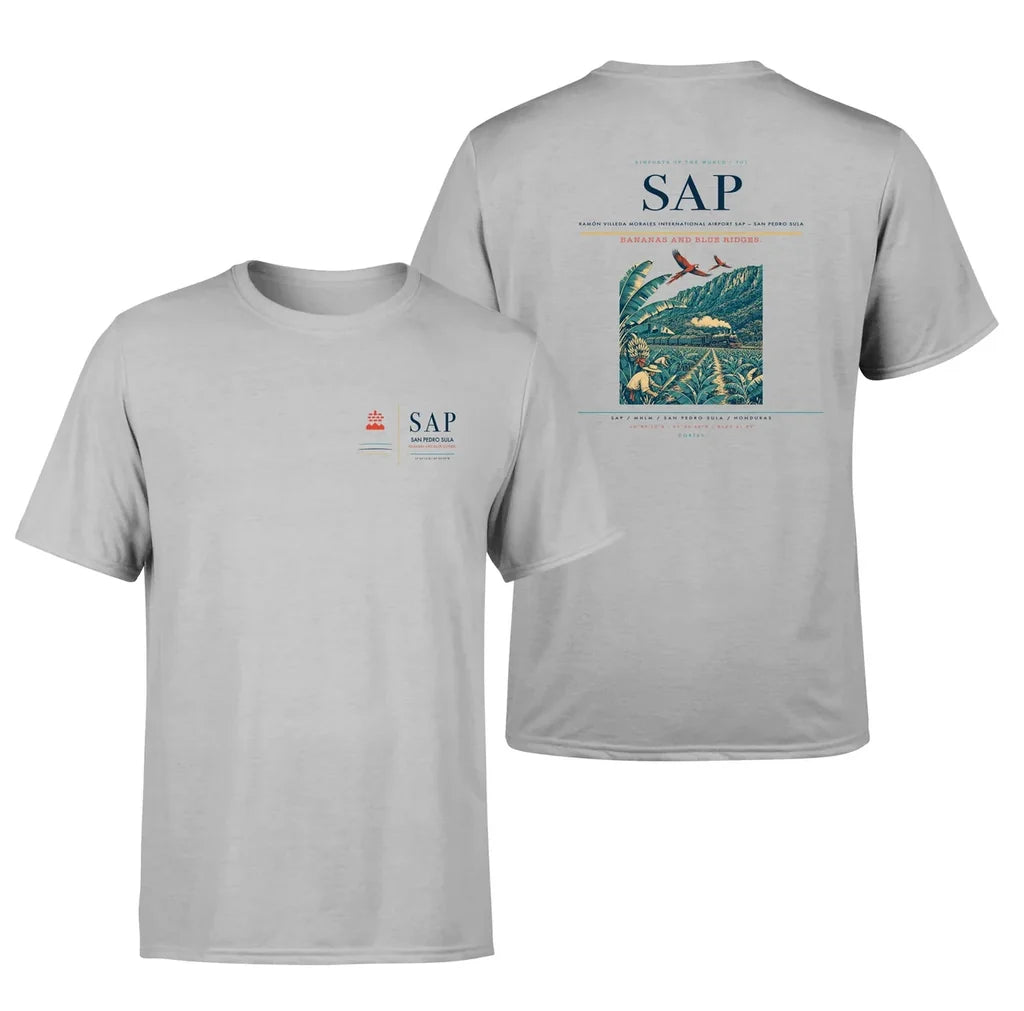 Ramón Villeda Morales International Airport (SAP) design printed on light gray double-side t-shirt