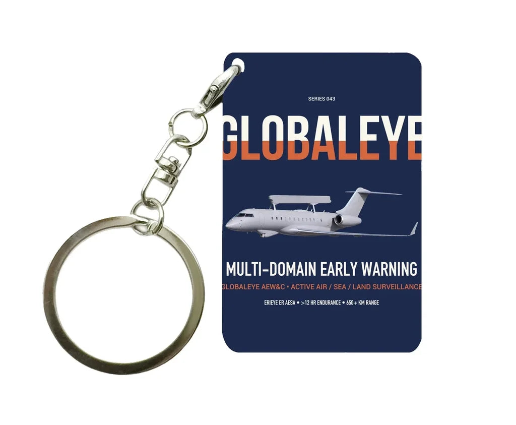 Saab GlobalEye design on navy blue designed key chain, double-side print