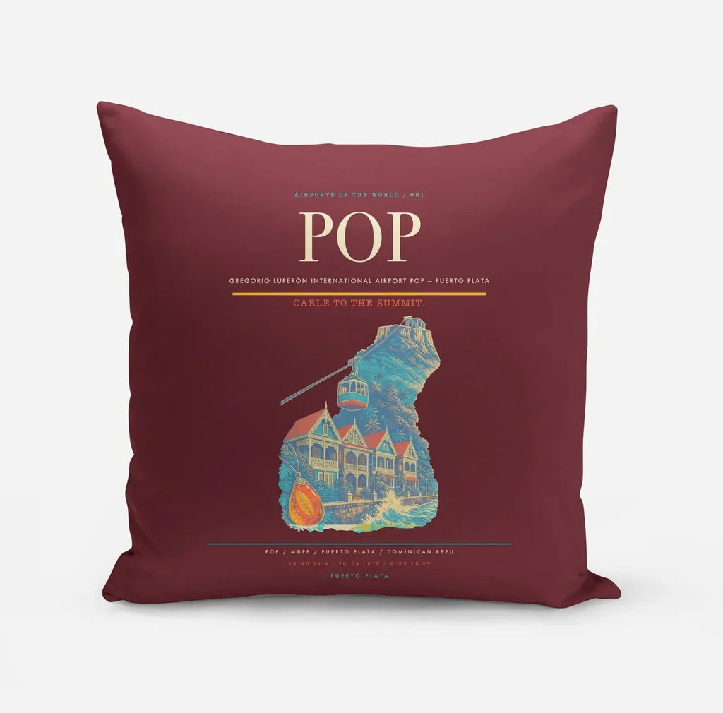 Gregorio Luperón International Airport (POP) design on dark red pillow