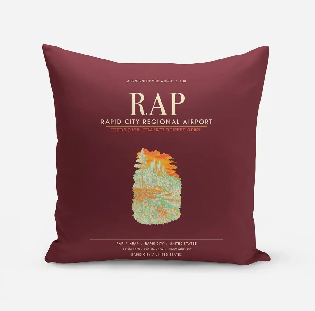 Rapid City Regional Airport (RAP) design on dark red pillow