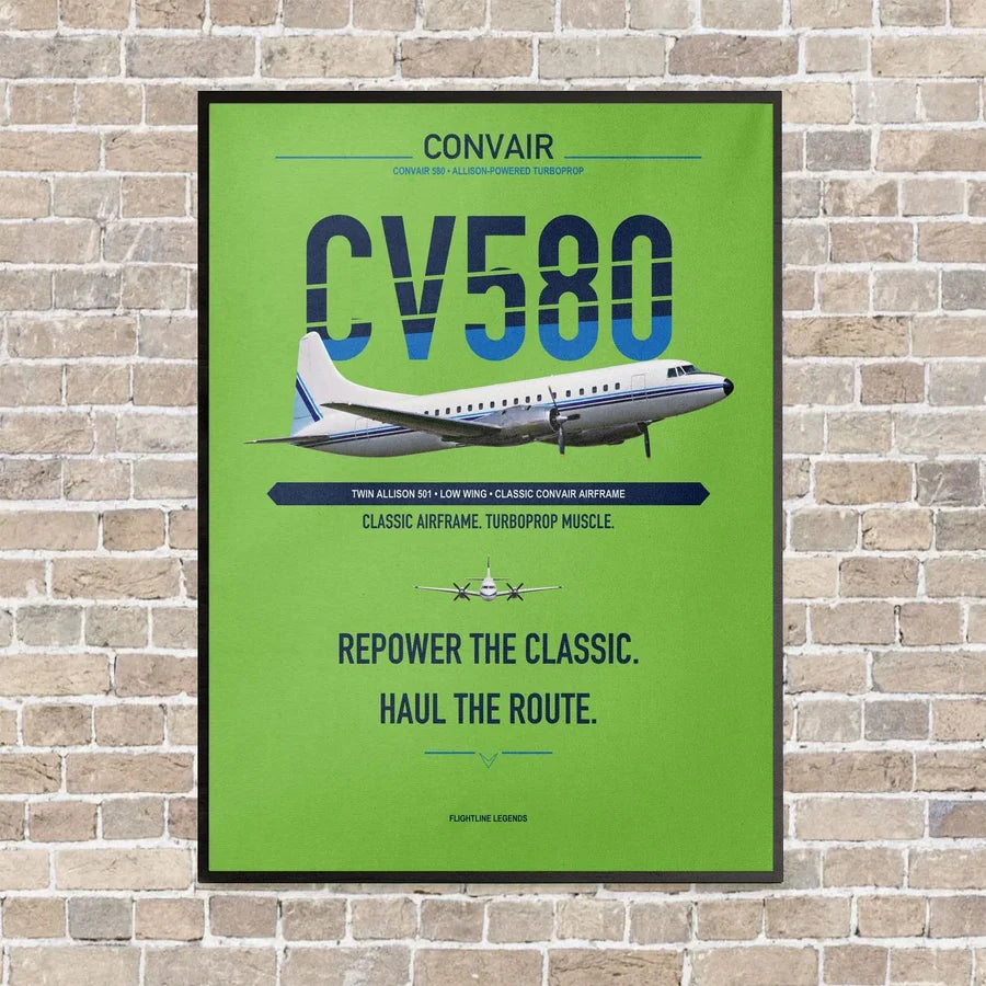 Convair 580 vertical canvas print - framed - light green background