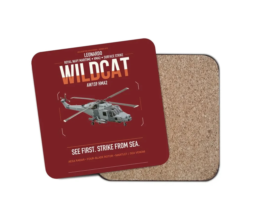 Leonardo AW159 Wildcat HMA2 design on dark red 1 piece coaster