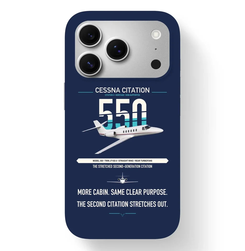 Cessna Citation 550 - Citation II design on navy blue magsafe iphone case, for iPhone 17 Pro